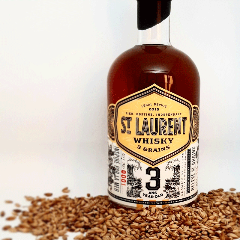 Whiskey 3 grains de la Distillerie St-Laurent dont les malts de l'Est de MaltBroue
